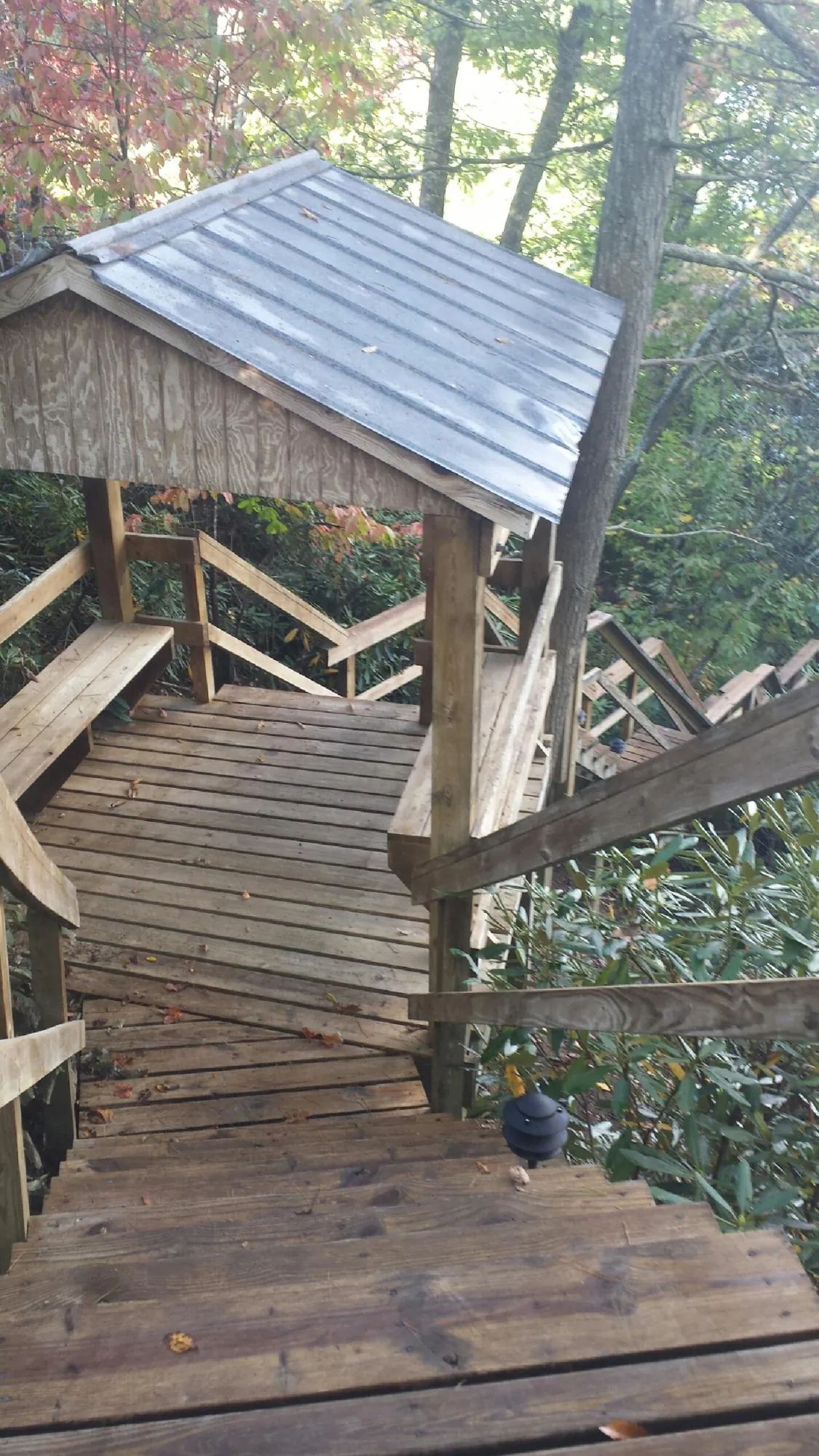 Metal roofed shelter over wooden steps on a wooded walkway — Skylight Repair & Installation work by our crew in South Elgin